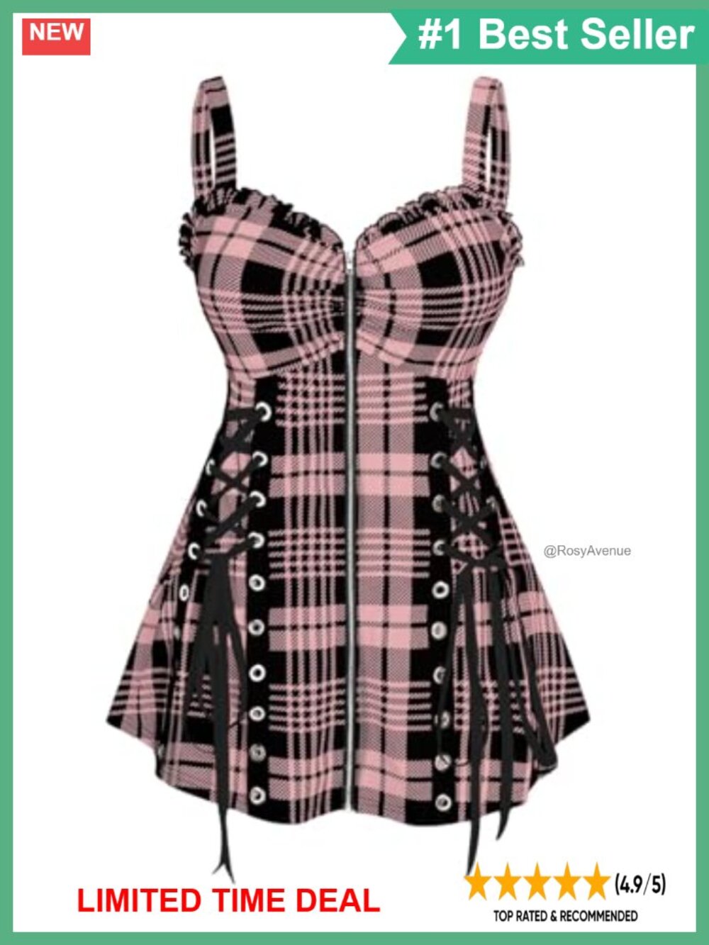 Plus Size Lace Up Plaid Tank Top Sleeveless Zipper Goth Cosplay